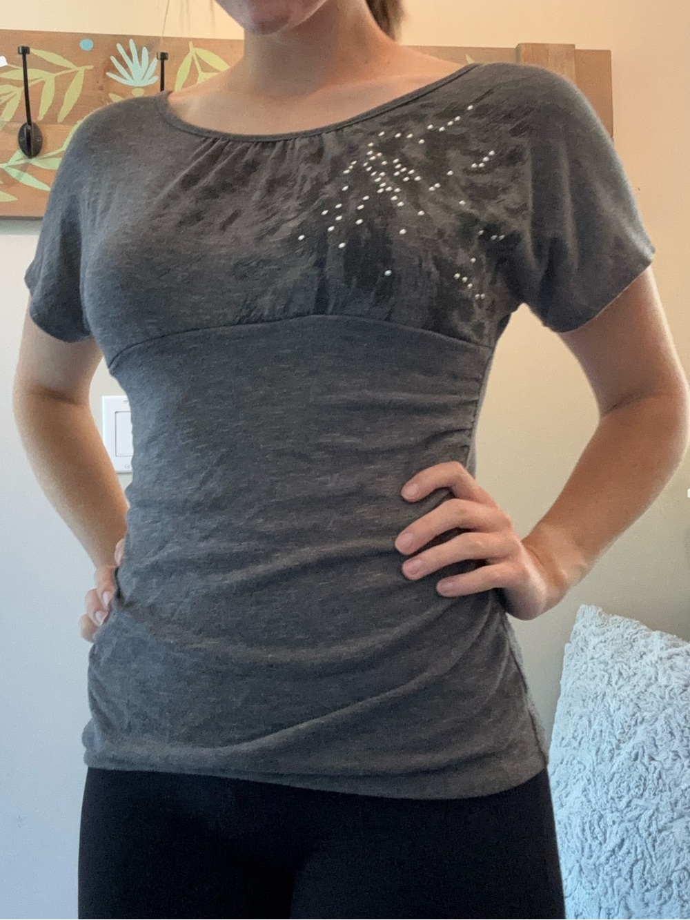 Iz Byer Charcoal Gray Scoop Neck Short Sleeve Top with Subtle Stud Accent